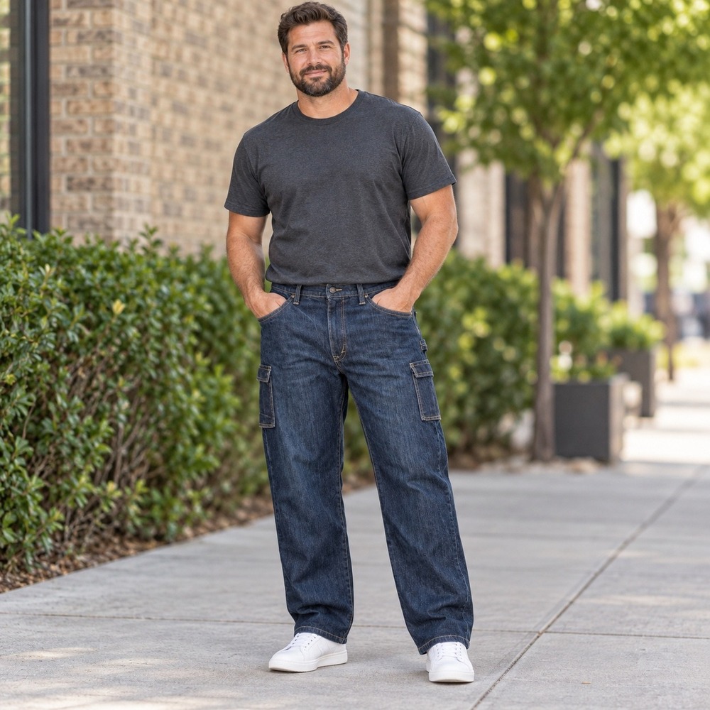 TECGEN FR Taproom Carpenter Cargo Jeans Mens 42x32 Dark Wash Stretch ATPV 20